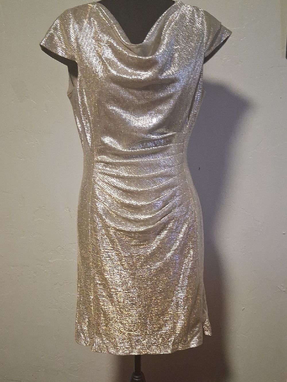 Metallic Silver Cowl Neck Sheath Dress